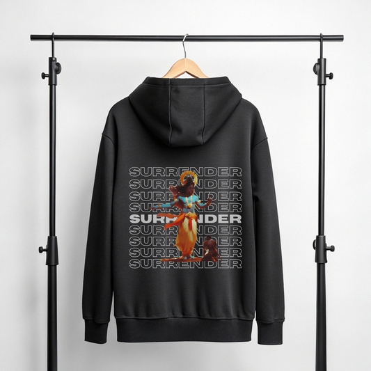 Black Lord Krishna graphic hoodie featuring Krishna artwork and repeated SURRENDER typography on the back