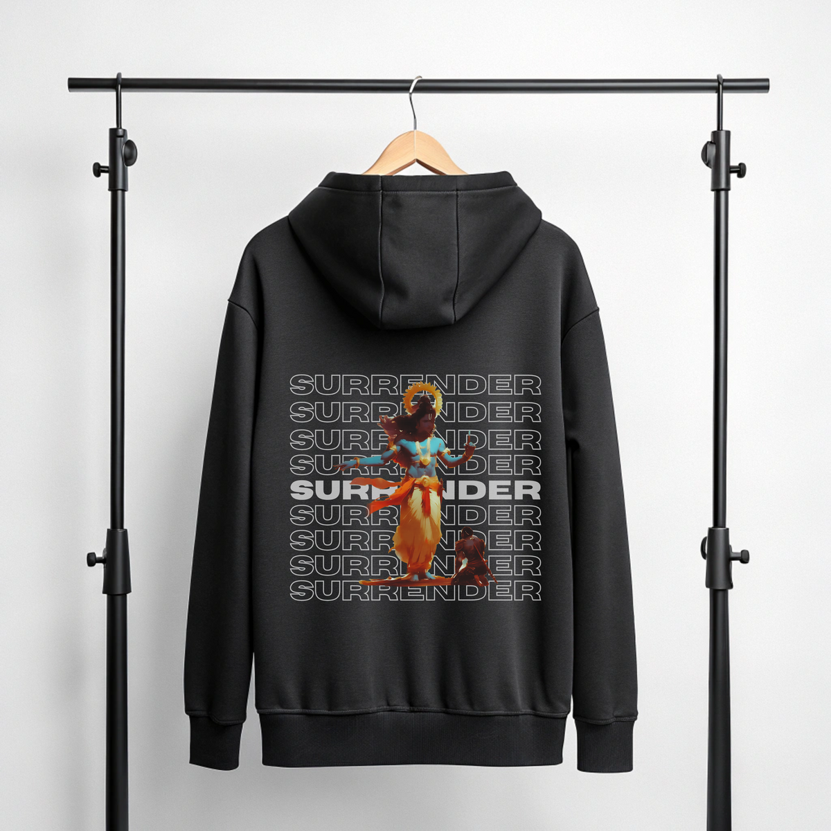 Black Lord Krishna graphic hoodie featuring Krishna artwork and repeated SURRENDER typography on the back