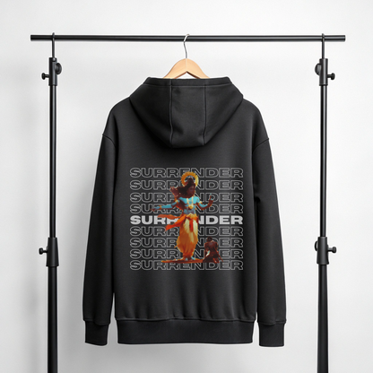 Black Lord Krishna graphic hoodie featuring Krishna artwork and repeated SURRENDER typography on the back