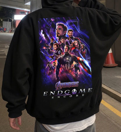 Black hoodie with a large colorful Avengers Endgame Encore graphic on the back, featuring multiple superhero characters against a purple and blue cosmic background.
