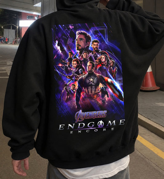 Black hoodie with a large colorful Avengers Endgame Encore graphic on the back, featuring multiple superhero characters against a purple and blue cosmic background.