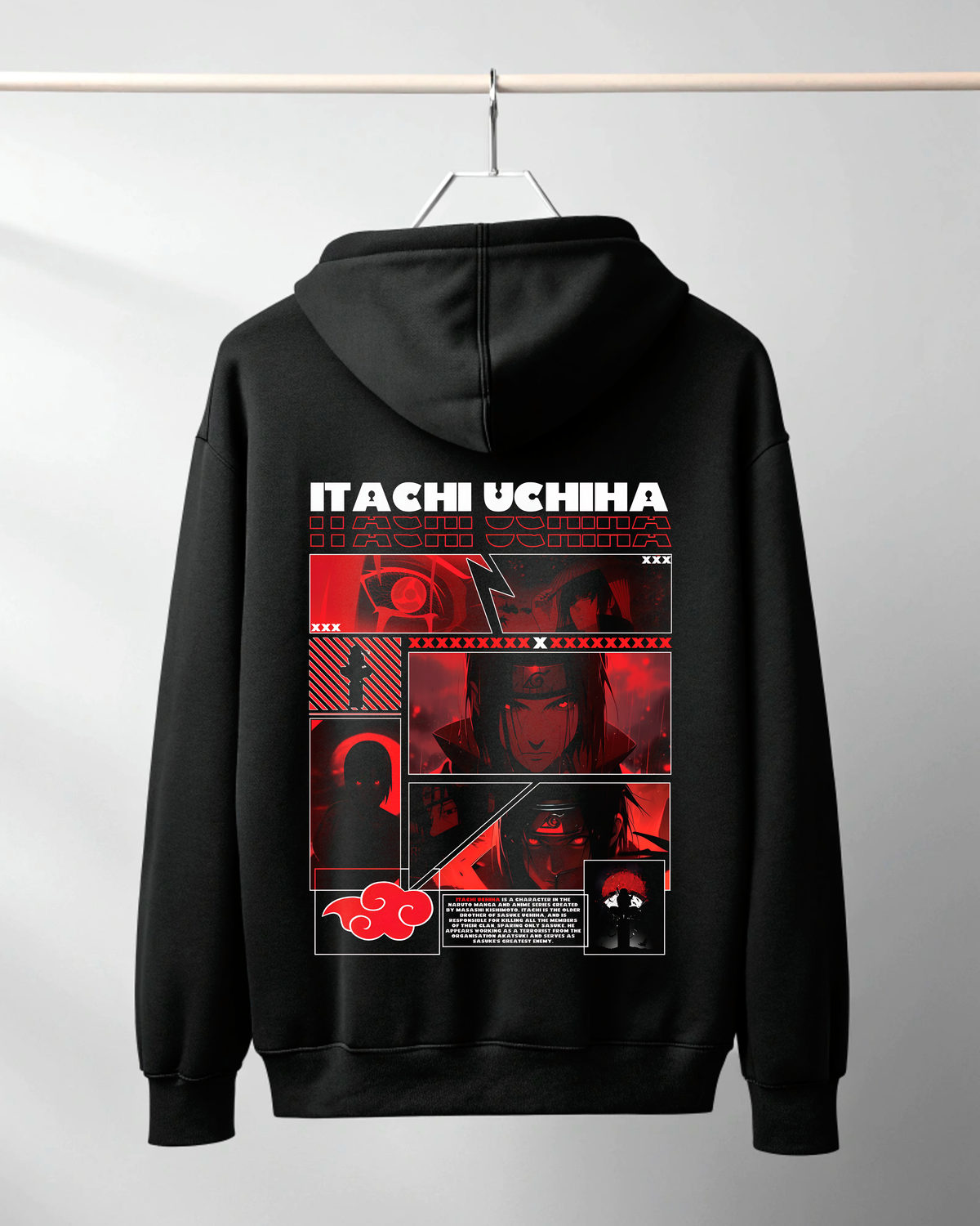 A black pullover hoodie hanging on a hanger against a light gray wall, showing the back graphic. The design features the text 'ITACHI UCHIHA' in white above a red and black collage of scenes and logos, including the Akatsuki cloud emblem.